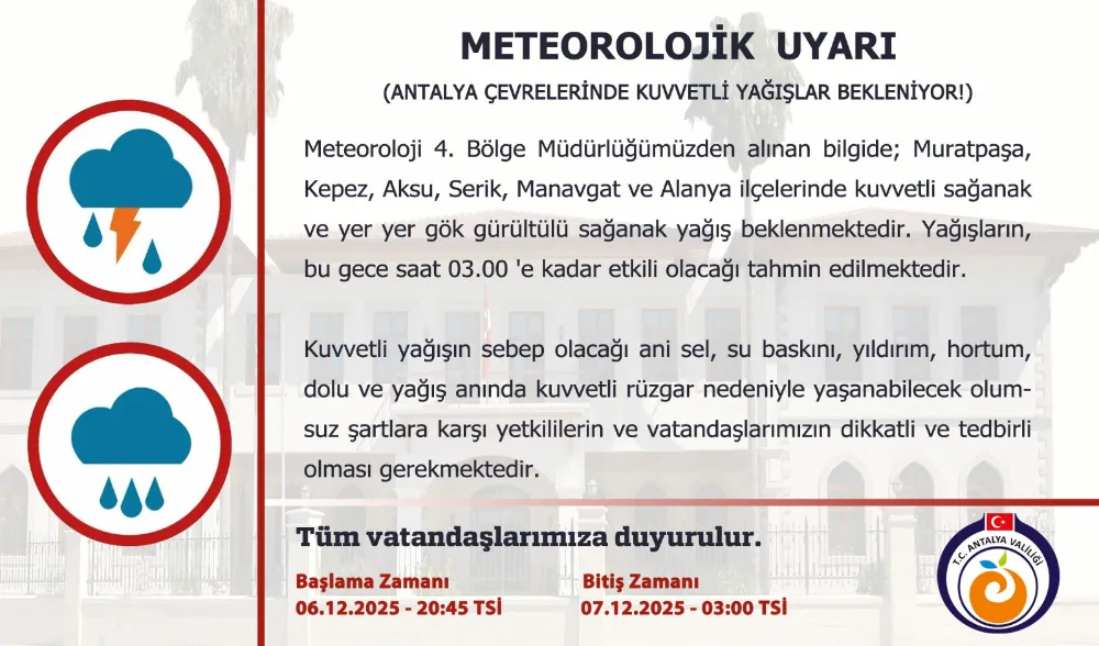 Serik’te sağanak yağış uyarısı